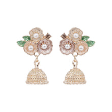 Load image into Gallery viewer, Floral Enamel Jhumka Earrings with Faux Pearls