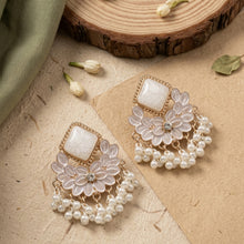 Load image into Gallery viewer, White Rhombus Enamel Chandelier Earrings with Pearl Fringe