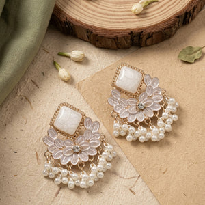 White Rhombus Enamel Chandelier Earrings with Pearl Fringe