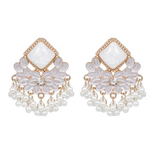 Load image into Gallery viewer, White Rhombus Enamel Chandelier Earrings with Pearl Fringe