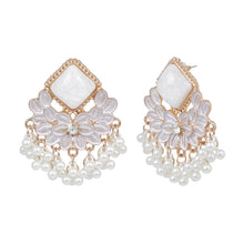 Load image into Gallery viewer, White Rhombus Enamel Chandelier Earrings with Pearl Fringe