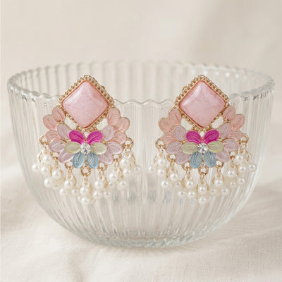 Pink Rhombus Enamel Chandelier Earrings with Pearl Fringe