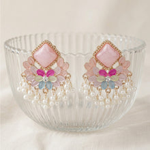 Load image into Gallery viewer, Pink Rhombus Enamel Chandelier Earrings with Pearl Fringe