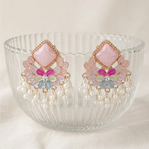Pink Rhombus Enamel Chandelier Earrings with Pearl Fringe