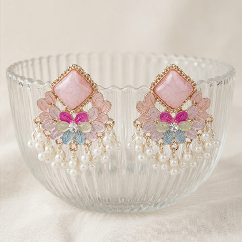 Pink Rhombus Enamel Chandelier Earrings with Pearl Fringe