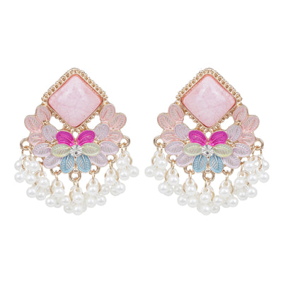 Pink Rhombus Enamel Chandelier Earrings with Pearl Fringe