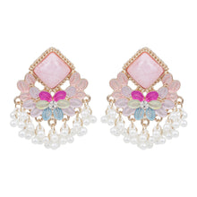 Load image into Gallery viewer, Pink Rhombus Enamel Chandelier Earrings with Pearl Fringe