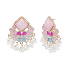 Load image into Gallery viewer, Pink Rhombus Enamel Chandelier Earrings with Pearl Fringe