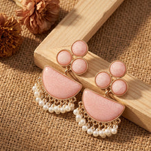 Load image into Gallery viewer, Pink Marbled Half-Moon Drop Earrings with Pearl Fringe