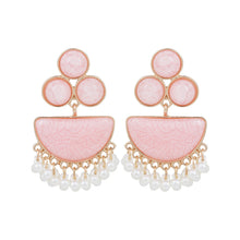 Load image into Gallery viewer, Pink Marbled Half-Moon Drop Earrings with Pearl Fringe