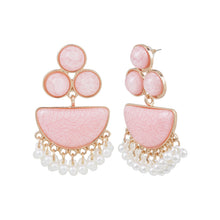 Load image into Gallery viewer, Pink Marbled Half-Moon Drop Earrings with Pearl Fringe