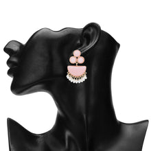 Load image into Gallery viewer, Pink Marbled Half-Moon Drop Earrings with Pearl Fringe