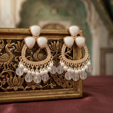 Load image into Gallery viewer, Gold White Stone Chandelier Earrings with Pearl Fringe