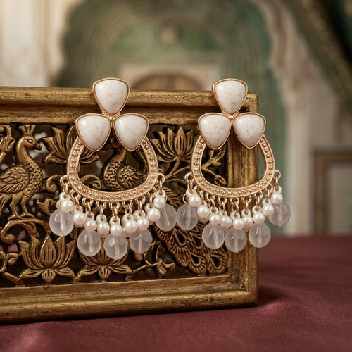 Gold White Stone Chandelier Earrings with Pearl Fringe