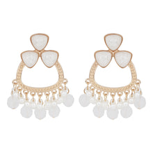 Load image into Gallery viewer, Gold White Stone Chandelier Earrings with Pearl Fringe