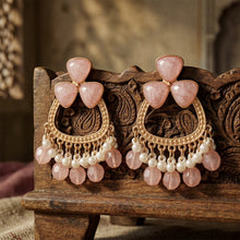 Load image into Gallery viewer, Rose Quartz Chandbali Earrings with Pearl Fringe