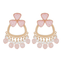 Load image into Gallery viewer, Rose Quartz Chandbali Earrings with Pearl Fringe