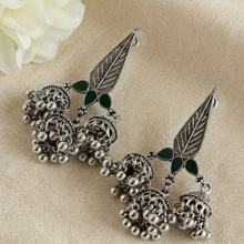 Load image into Gallery viewer, Oxidised Silver Leaf Motif Triple Jhumka Earrings with Green Accents