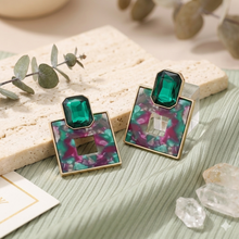 Load image into Gallery viewer, Emerald Green Crystal &amp; Marble Resin Square Drop Earrings