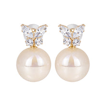 Load image into Gallery viewer, Gold Crystal Butterfly Pearl Drop Earrings