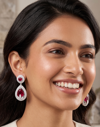 Crimson Halo Ruby Red American Diamond Drop Earrings