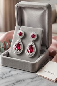 Crimson Halo Ruby Red American Diamond Drop Earrings