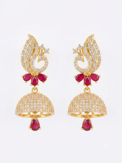 Peacock Majesty Ruby Red American Diamond Jhumkas