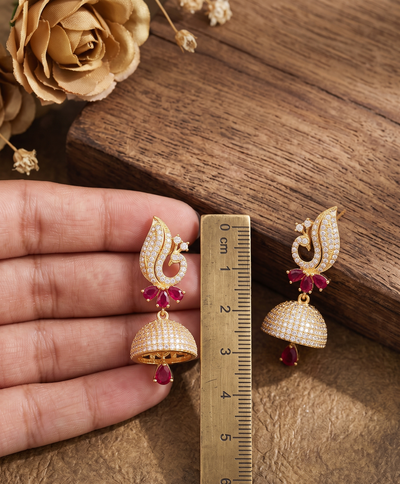 Peacock Majesty Ruby Red American Diamond Jhumkas