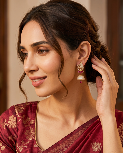 Peacock Majesty Ruby Red American Diamond Jhumkas