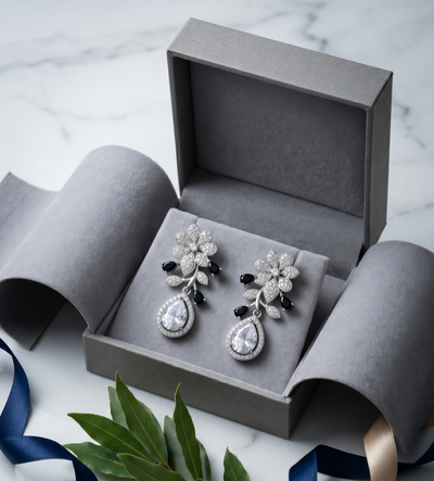 Noir Petal American Diamond Pear Drop Earrings