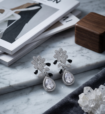 Noir Petal American Diamond Pear Drop Earrings