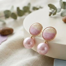 Load image into Gallery viewer, Pink Pearl Drop Earrings with Two-Tone Studs