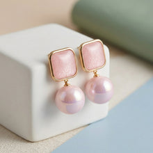 Load image into Gallery viewer, Gold Square Crackle and Pink Pearl Drop Earrings