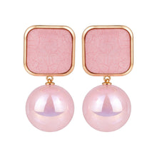 Load image into Gallery viewer, Gold Square Crackle and Pink Pearl Drop Earrings