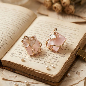 Pink Cat Eye Stone Stud Earrings with Gold Butterfly Filigree