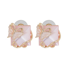 Load image into Gallery viewer, Pink Cat Eye Stone Stud Earrings with Gold Butterfly Filigree