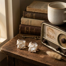 Load image into Gallery viewer, White Cat Eye Stone Stud Earrings with Gold Butterfly Filigree