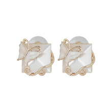 Load image into Gallery viewer, White Cat Eye Stone Stud Earrings with Gold Butterfly Filigree
