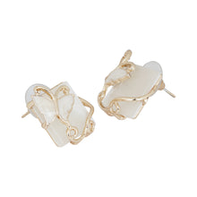 Load image into Gallery viewer, White Cat Eye Stone Stud Earrings with Gold Butterfly Filigree