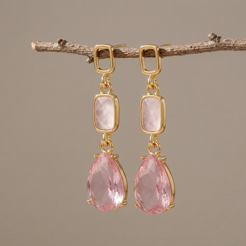 Pink Crystal Teardrop and Faux-Stone Linear Drop 1-Pair Set