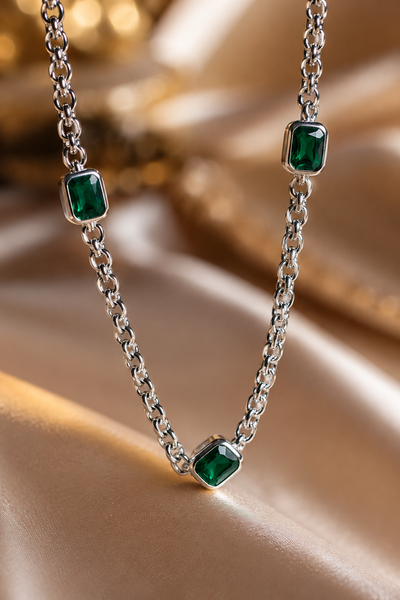 Silver Curb Chain Emerald Stone Necklace