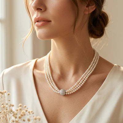 Three-Strand Faux Pearl Necklace with Crystal-Paved Sphere Centerpiece