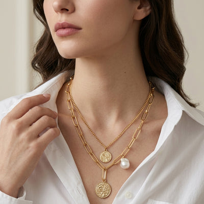 Gold-Plated Layered Paperclip & Coin Pendant Necklace with Baroque Pearl Accent