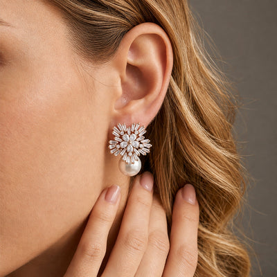 Solstice Starburst American Diamond Pearl Drop Earrings