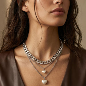Silver-Toned Layered Cuban Chain & Heart Pearl Pendant Necklace