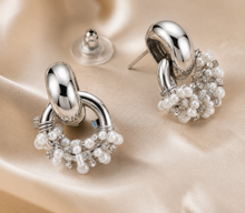 Load image into Gallery viewer, Silver Knot Pearl &amp; Crystal Cluster Earrings