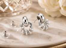 Load image into Gallery viewer, Silver Knot Pearl &amp; Crystal Cluster Earrings