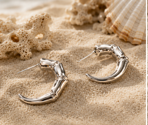 Silver Textured Bamboo C-Hoop Earrings