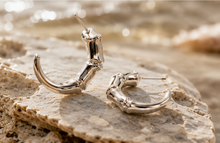 Load image into Gallery viewer, Silver Textured Bamboo C-Hoop Earrings