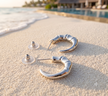 Load image into Gallery viewer, Silver Textured Bamboo C-Hoop Earrings
